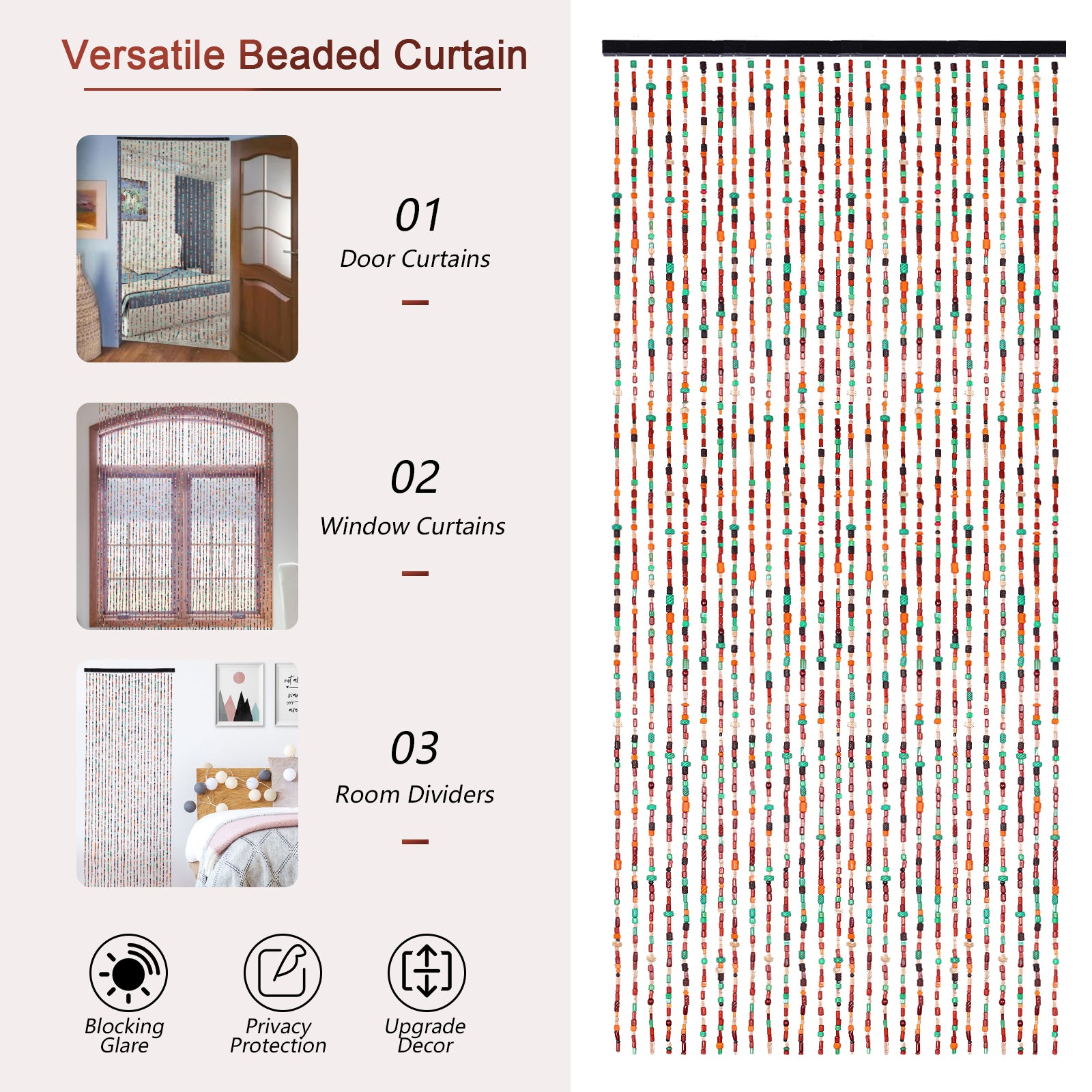 Osunnus Colorful Boho Carved Wooded Beaded Curtain for Doorway