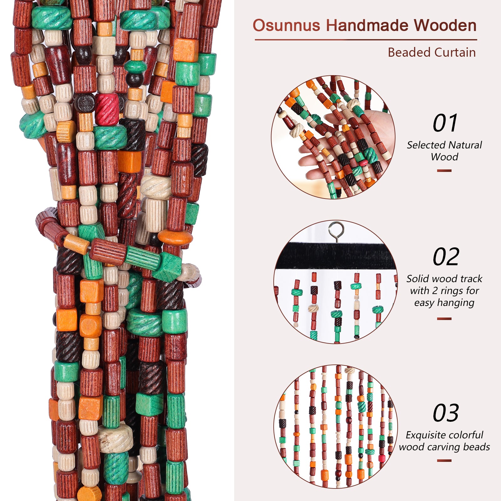 Osunnus Colorful Boho Carved Wooded Beaded Curtain for Doorway