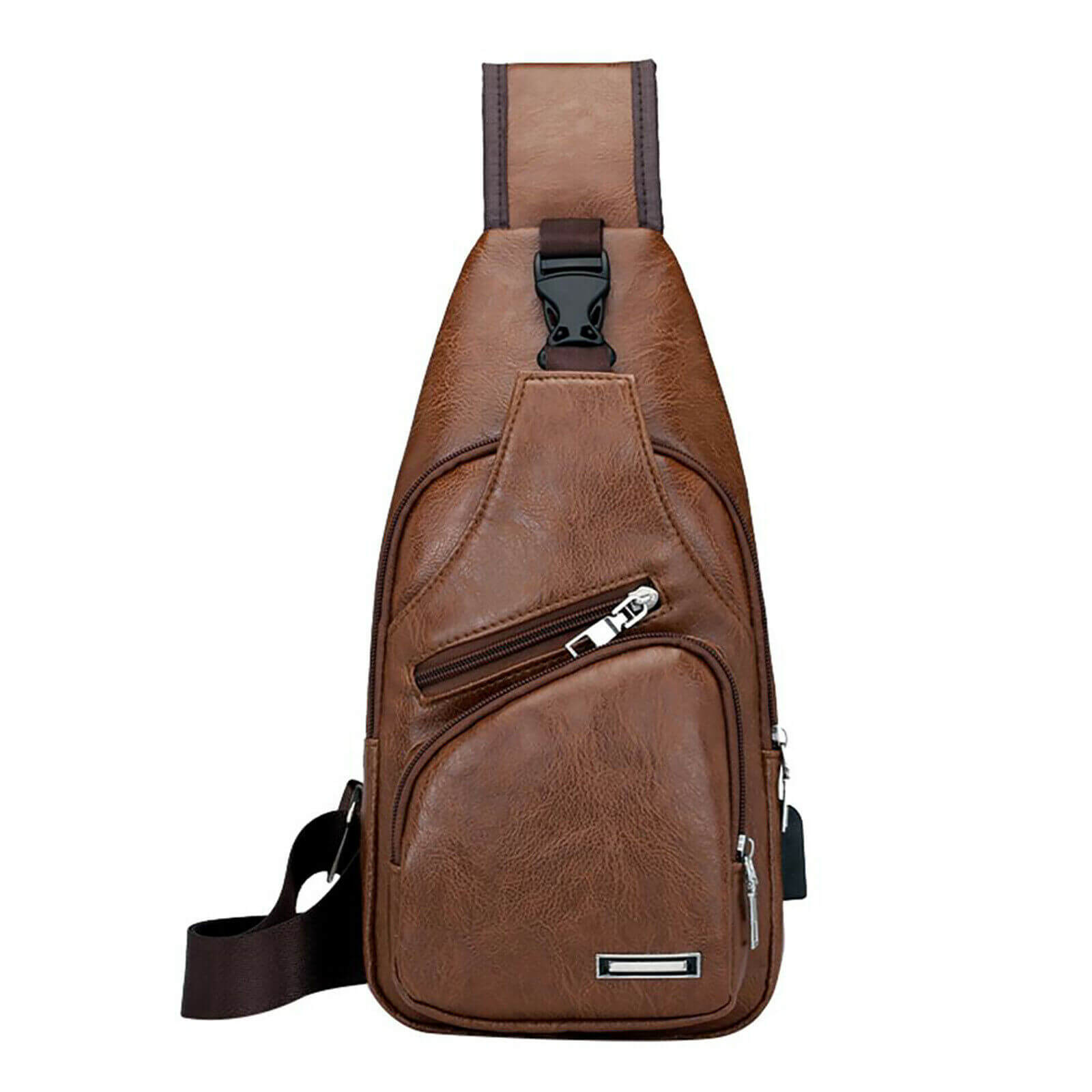 Front of Leather Crossbody Sling Chest Bag w/ USB Charge Port