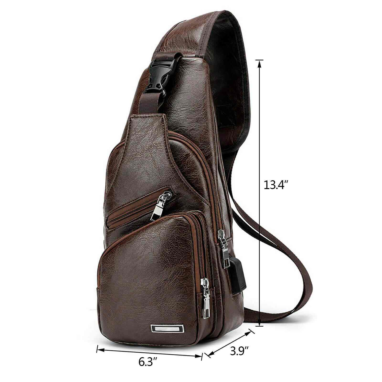 Leather Crossbody Sling Chest Bag w/ USB Charge Port Dark Brown