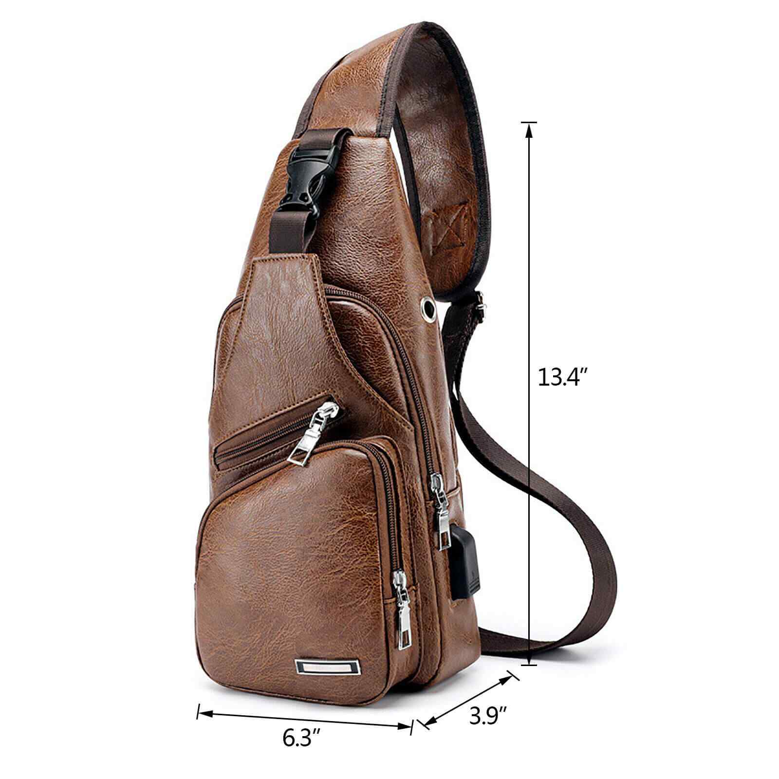 Brown Leather Crossbody Sling Chest Bag w/ USB Charge Port