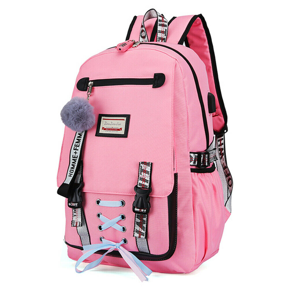 Pink Anti-theft Girls USB Charging Backpack Travel School Bag