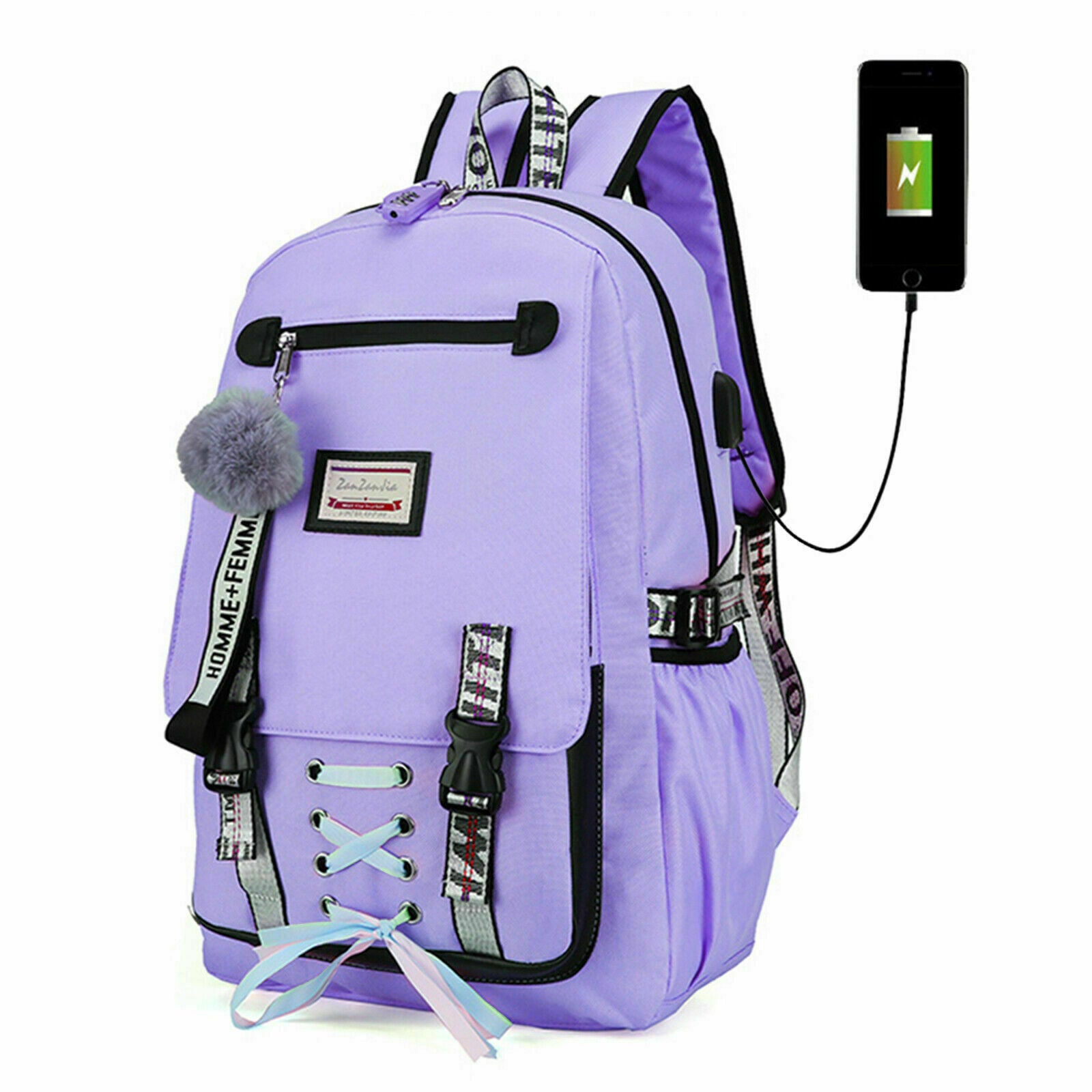 Purple Anti-theft Girls USB Charging Backpack Travel School Bag