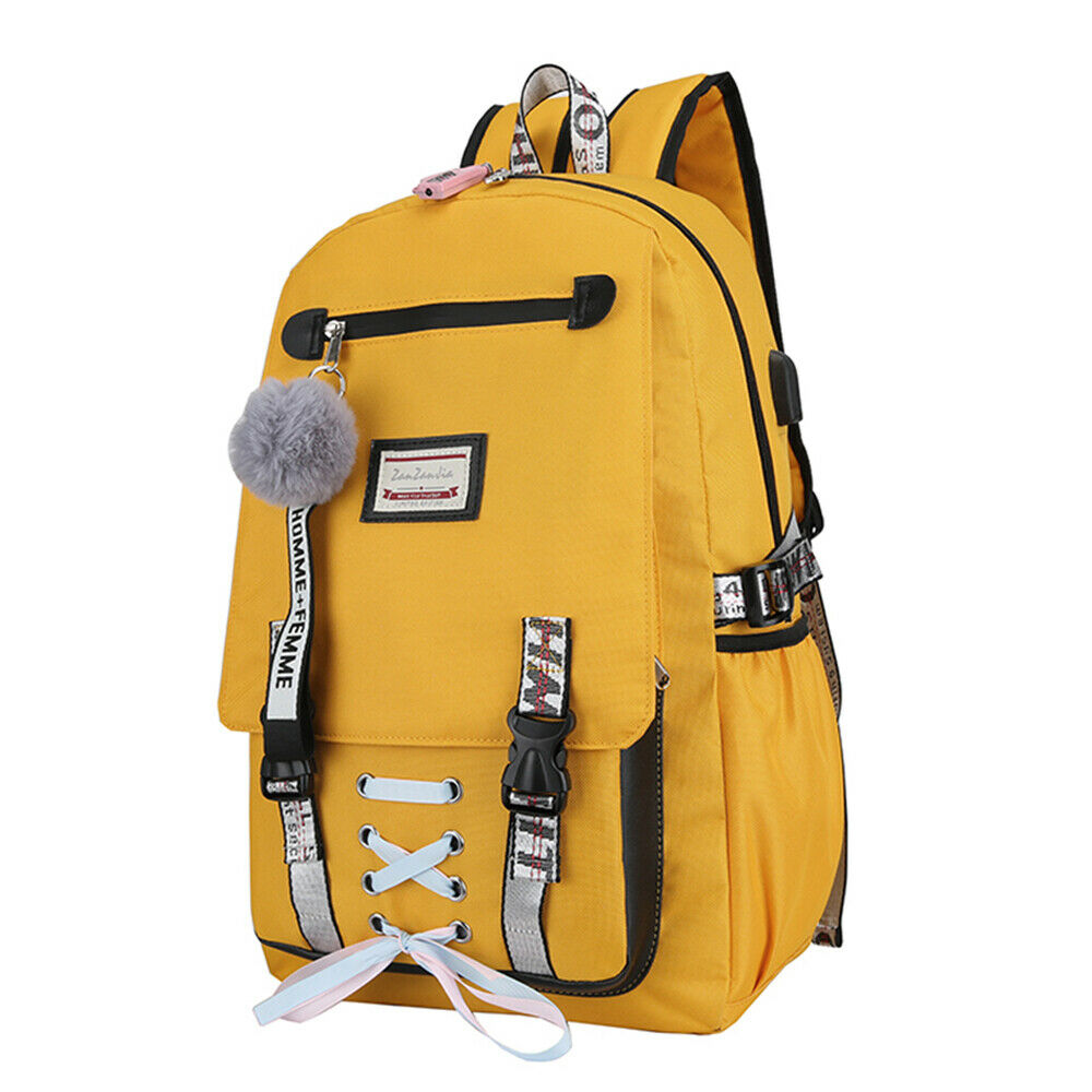 Yellow Anti-theft Girls USB Charging Backpack Travel School Bag