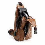 Load image into Gallery viewer, Usage of Men PU Leather Chest Sling Bag w/ USB Charging Port