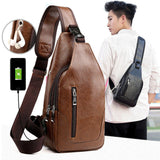 Load image into Gallery viewer, Men PU Leather Chest Sling Bag w/ USB Charging Port