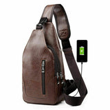 Load image into Gallery viewer, Brown Men PU Leather Chest Sling Bag w/ USB Charging Port