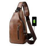 Load image into Gallery viewer, Coffee Men PU Leather Chest Sling Bag w/ USB Charging Port